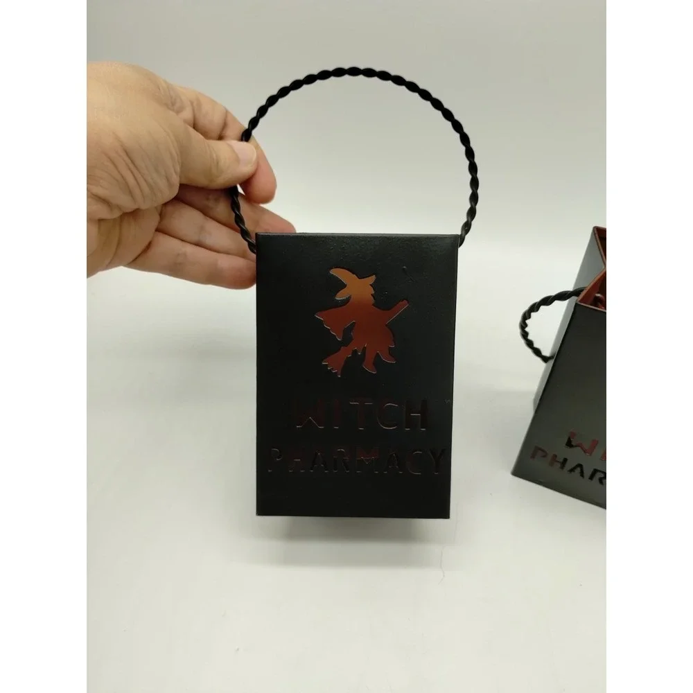 Set Of 2 Black Metal Witch Pharmacy Halloween Votive Candle Holders 4.5
